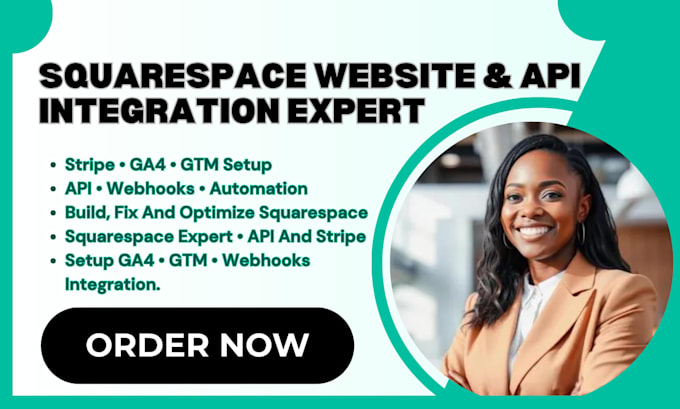 build squarespace website with API integration, stripe, ga4 and ga4 tracking
