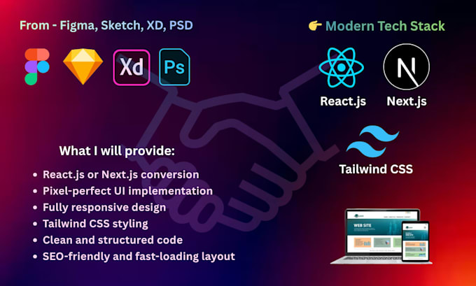 convert figma design to reactjs, nextjs using tailwind css