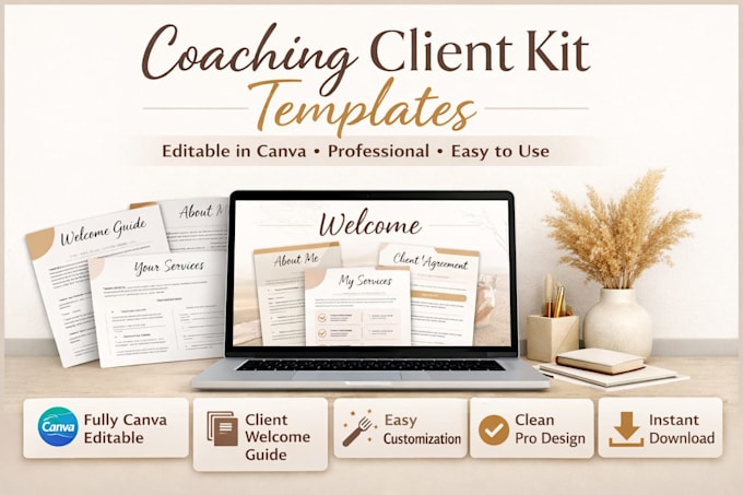 create coaching business client kit, welcome template, canva editable