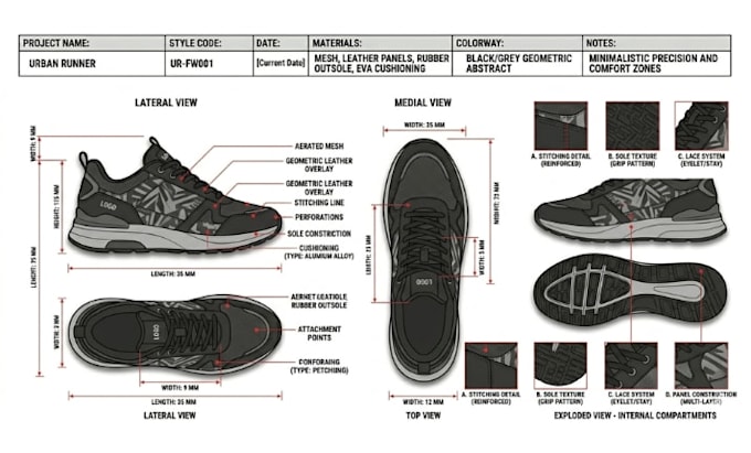 create custom shoe tech pack, sneaker, footwear tech pack for manufacturers