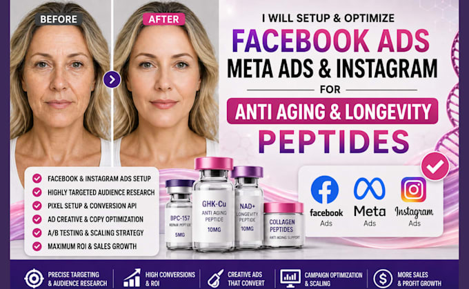 setup facebook ads meta ads for anti aging longevity peptide brands