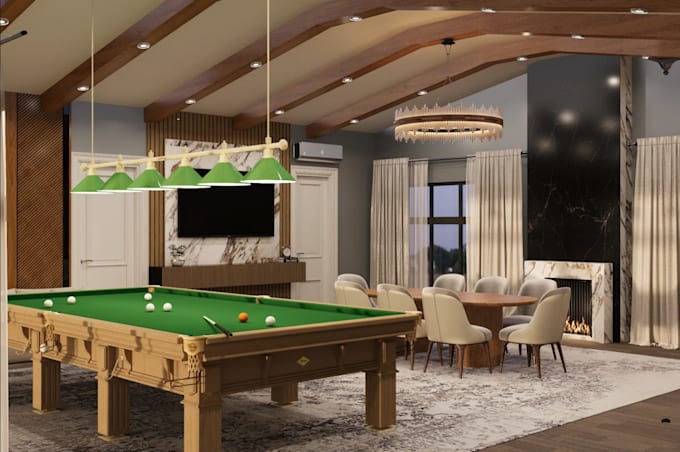 visualize commercial bar,club lounge,golf simulator, billiard room, interior cgi