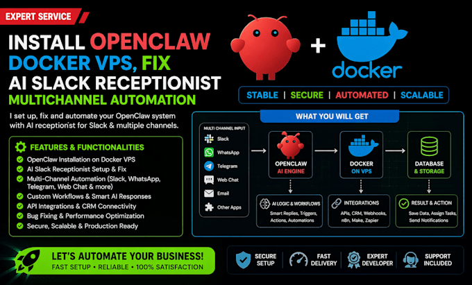 install openclaw docker vps, fix ai slack receptionist multichannel automation