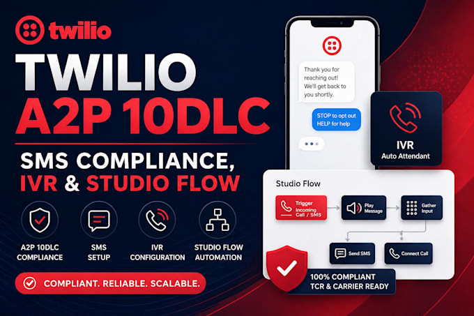 set up twilio a2p 10dlc SMS compliance, IVR and studio flow