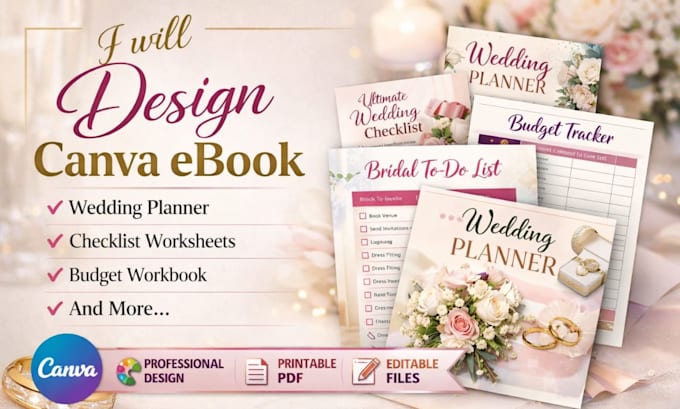 design canva ebook, wedding planner, checklist worksheet, budget workbook