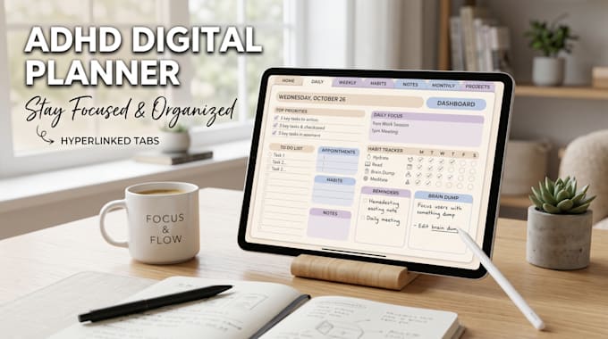 design an adhd hyperlinked digital planner for focus and productivity