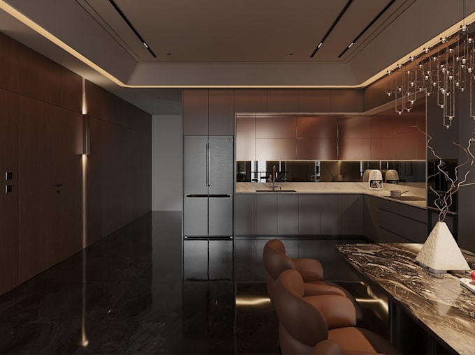 turn 2d floor plan to 3d realistic interior render,cgi kitchen area, living room