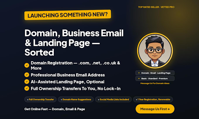 register domain name, business email, website landing page