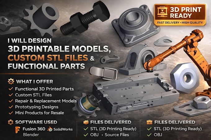 design 3d printable models, custom stl file and functional parts