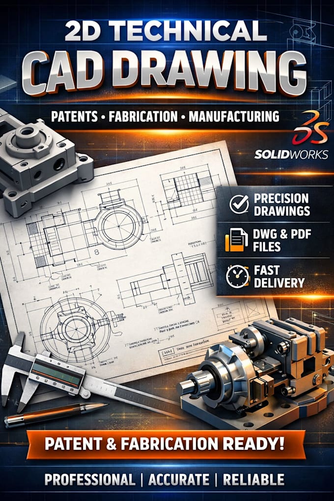 2d technical cad drawing for patent manufacturing fabrication drawing solidworks