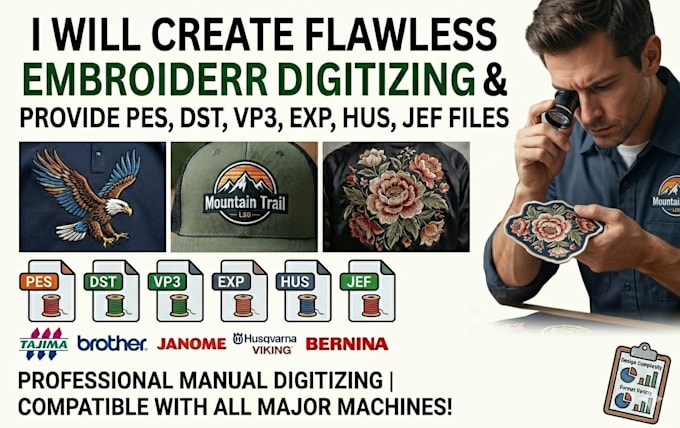 do embroidery digitizing into pes, dst, vp3, exp, hus, and jef file