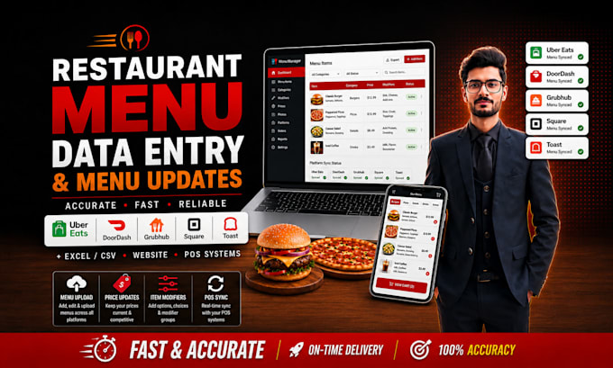 do restaurant menu data entry for ubereats, doordash and grubhub and excel csv