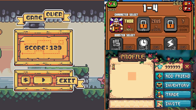 do pixel art game ui, hud hui, tileset, pixel frames, assets, gui element, bars