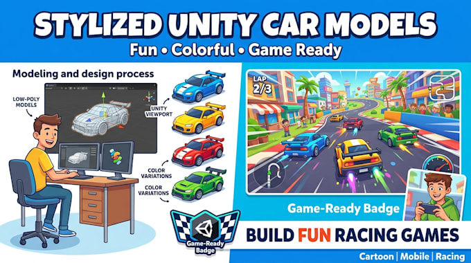 design 3d stylized cartoon unity game car models, low poly car, cartoon vehicle