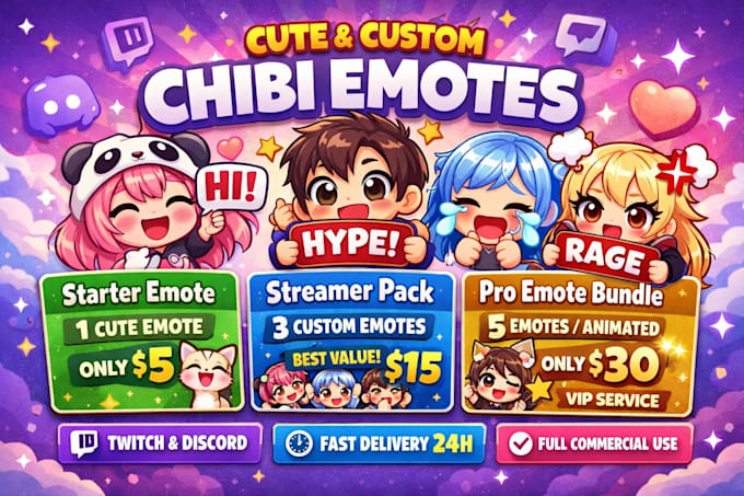draw chibi emotes, twitch emotes, animated emotes and badges