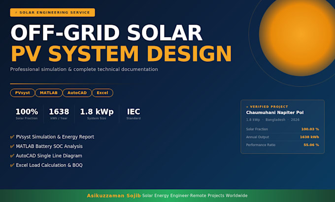 design off grid solar system with pvsyst simulation report and matlab analysis