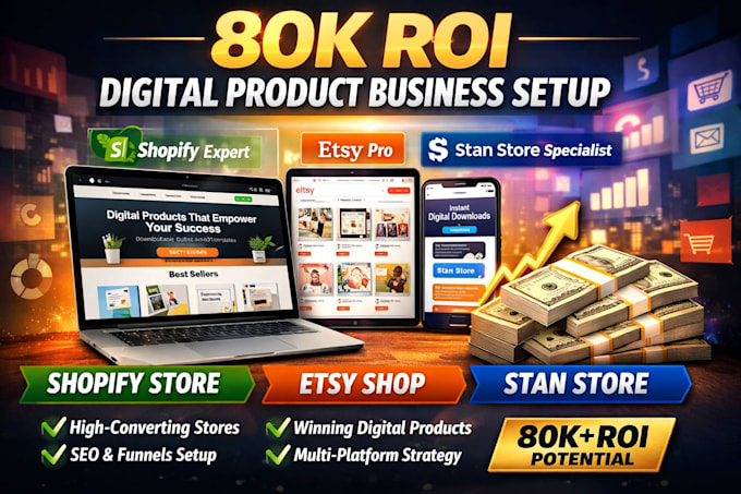 setup 80k ROI shopify digital product,etsy shop,stanstore digital store