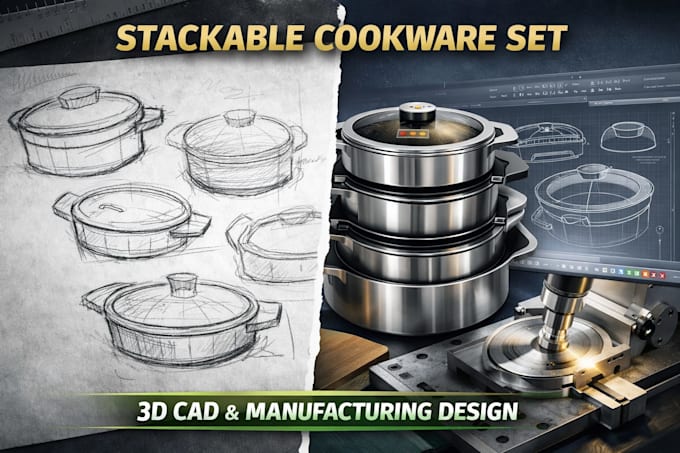 design stackable pans smart lids cookware sets 3d cad manufacturing design