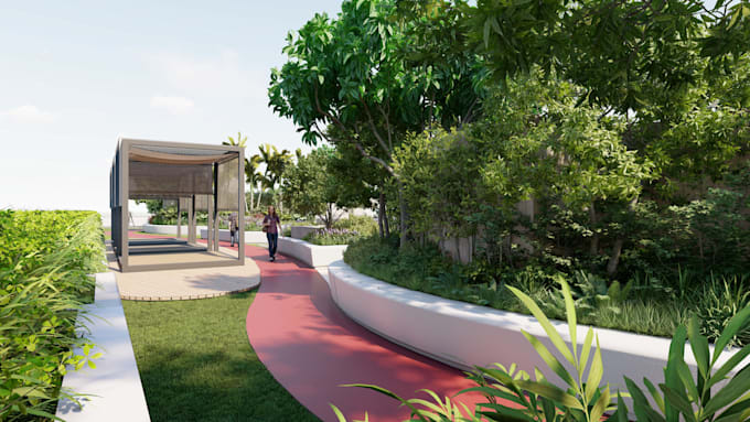 design modern landscape, rooftop garden and create realistic 3d renders