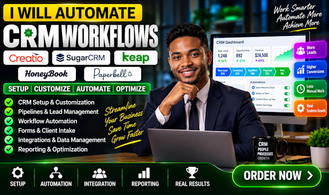 automate CRM workflows , creatio, sugarcrm , keap honeybook creatio healthcare