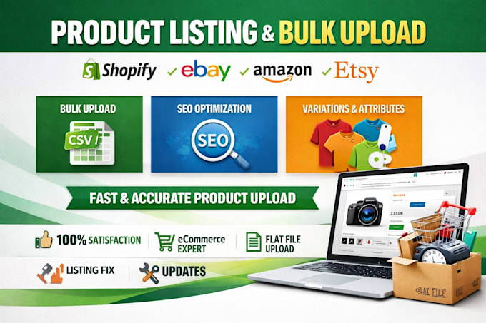 do product listing and bulk upload on shopify, amazon, etsy, ebay