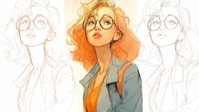 sketch, outline and color cartoon illustrations