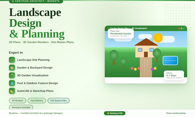 Design a 2d landscape plan and 3d rendering for your garden or outdoor ...