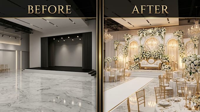 create stunning 3d wedding decoration, stage, backdrop and event space design