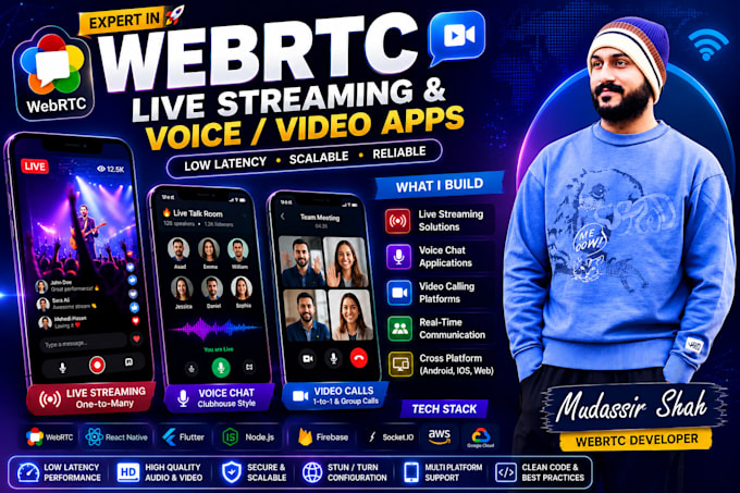 build webrtc live streaming app, voice chat and video call system