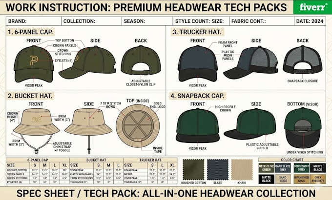 create cap tech pack, truckers and hat tech pack for headwear and manufacturing