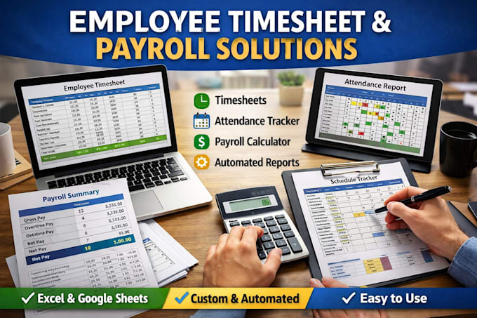 employee timesheet, attendance tracker, schedule tracker and payroll spreadsheet