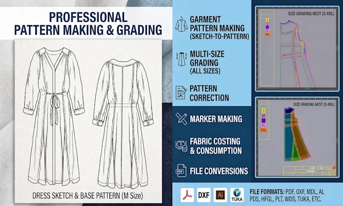 make a digital clothing sewing pattern and grading any garments of your choice