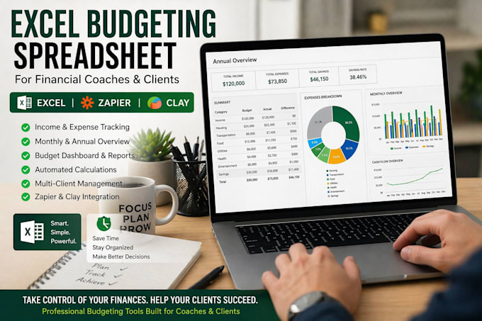 create excel budgeting spreadsheet for financial coaches and client, zapier clay