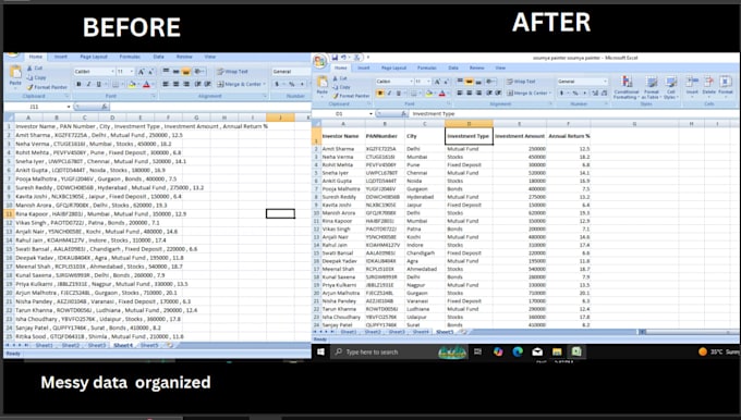 clean, format, split excel data