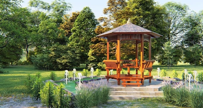 design 3d pergola, patio, gazebo, outdoor living space with realistic rendering