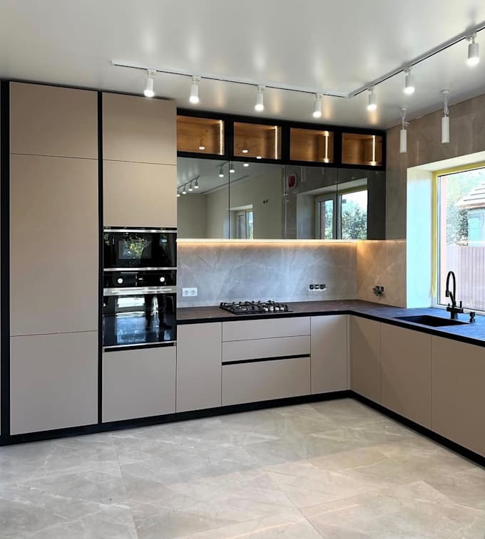 design modern kitchen cabinets and realistic 3d interior