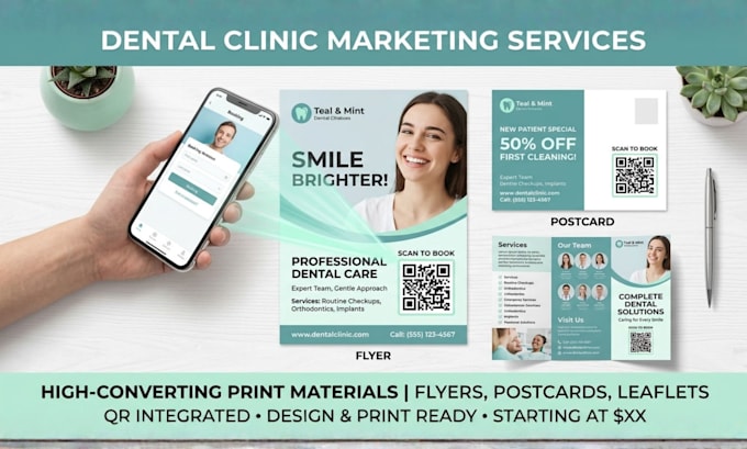 create appointment qr code design dental clinic flyer, postcard, modern leaflet