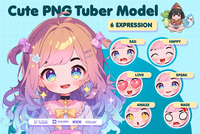 Dibuja un modelo de tubérculo png para streaming en estilo chibi vtuber.