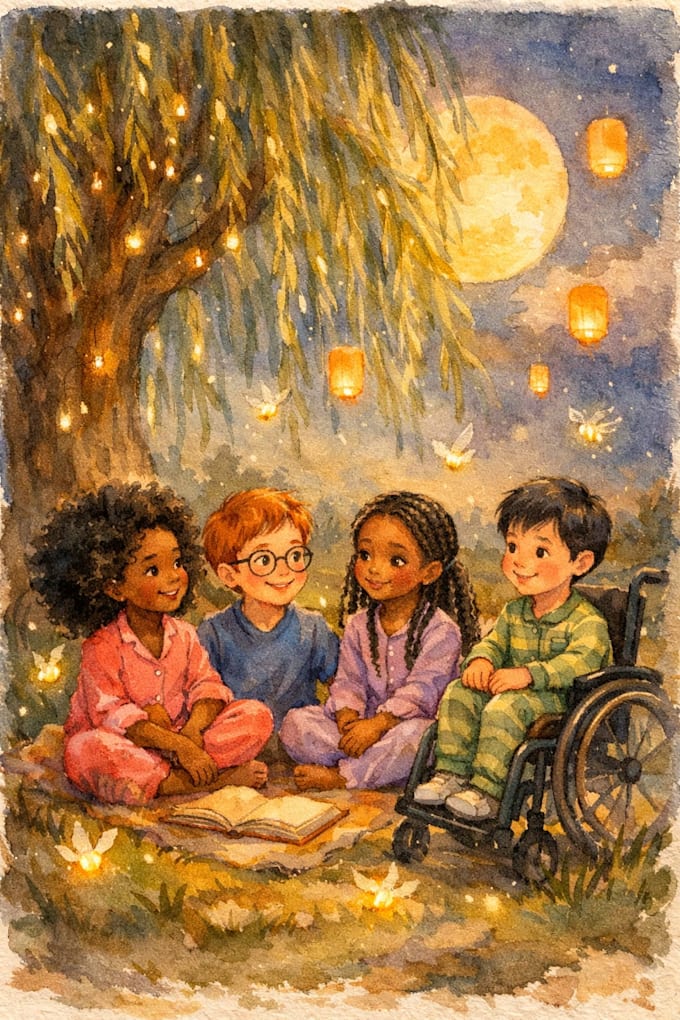 create whimsical and magical bedtime illustrations featuring diverse characters