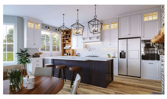 create a functional kitchen design with 3d render
