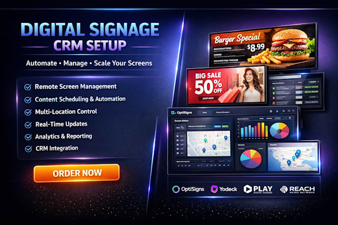setup digital signage yodeck optisigns screencloud play hexnode box upshow CRM
