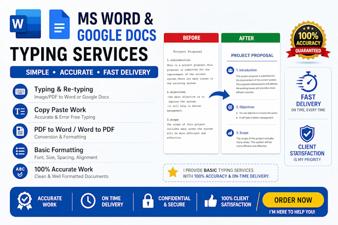 do ms word typing, formatting and google docs editing