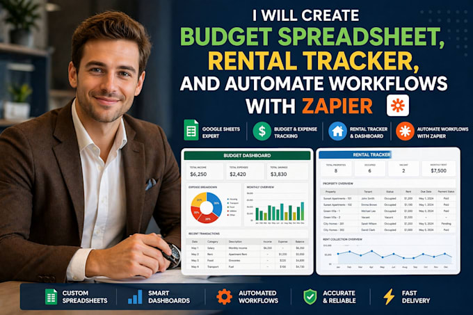 create budget spreadsheet, rental tracker, and automate workflows with zapier