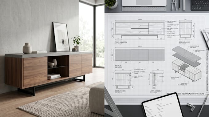 design modern furniture with 3d rendering and technical plans