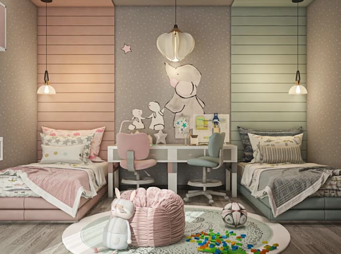 function playful kids bedroom,twins bedroom layout,luxury bathroom, 3d rendering