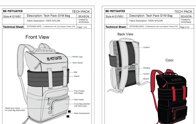 create bag tech pack, handbag, tote bag, backpack design with technical drawing