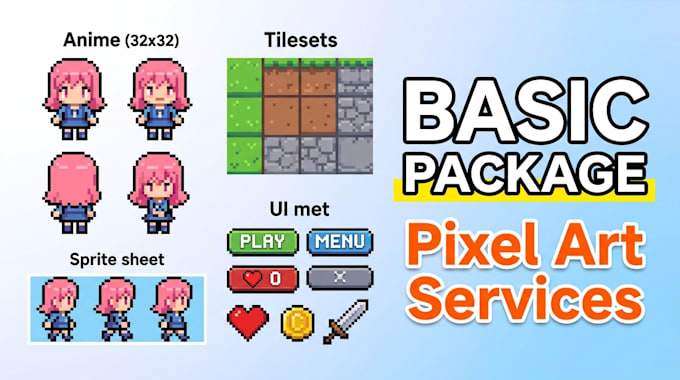 create pixel art character, pixel art tileset, pixel art sprite sheet, game UI