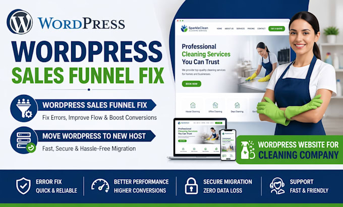 wordpress sales funnel fix website migration cleaning company website