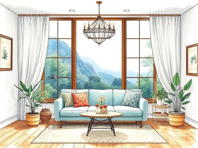 create interior illustration with watercolour style handmade