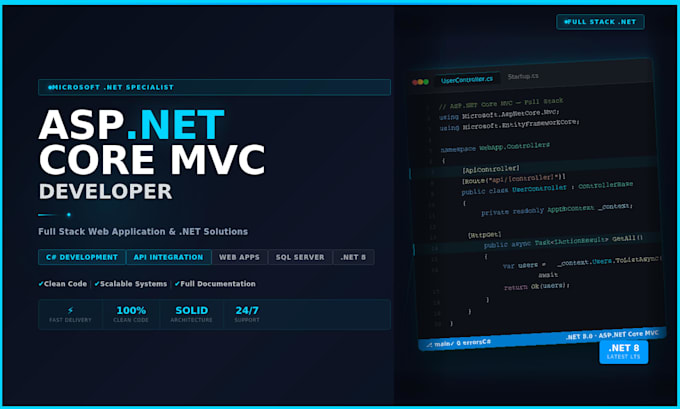 develop a custom asp net core web application as a full stack net developer